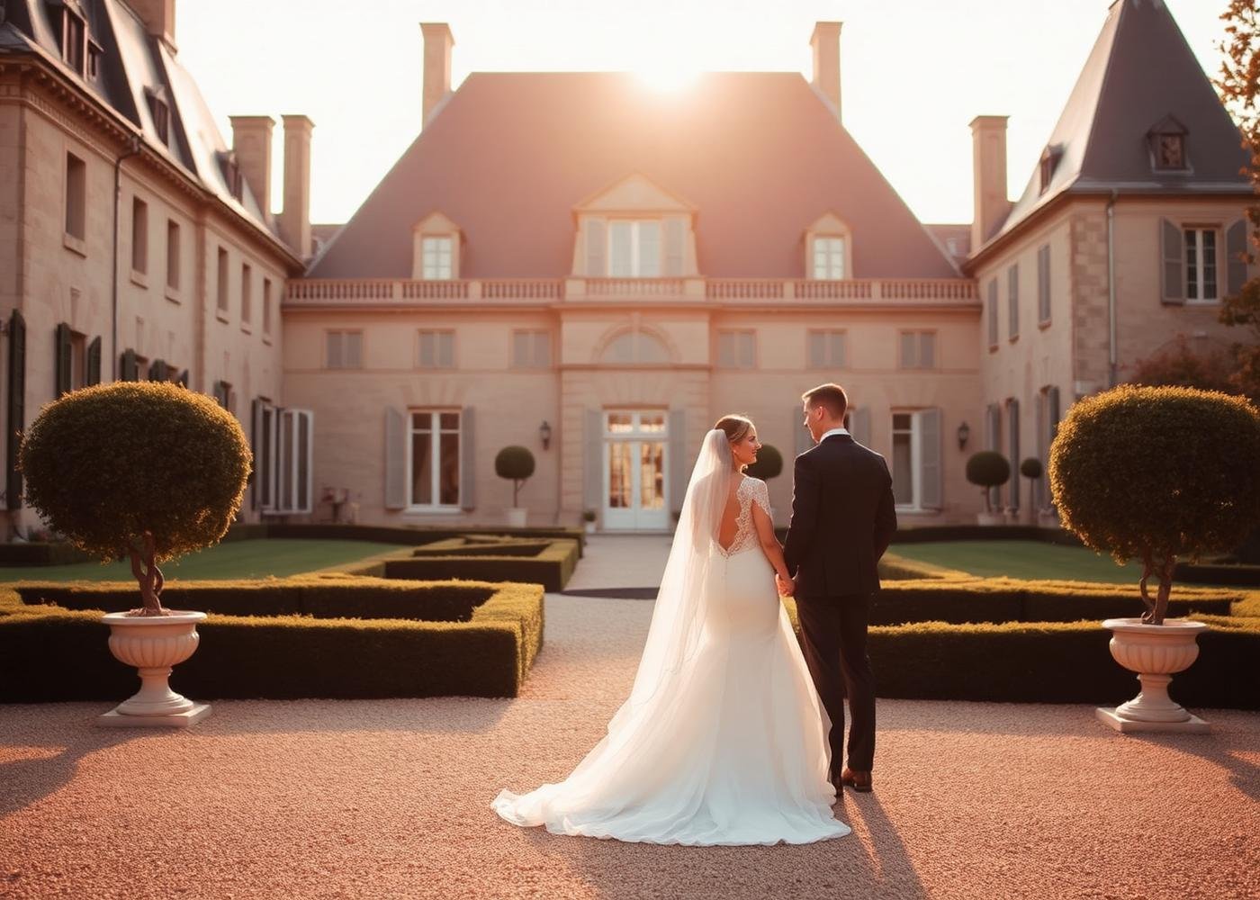 Mariés dans un jardin de château